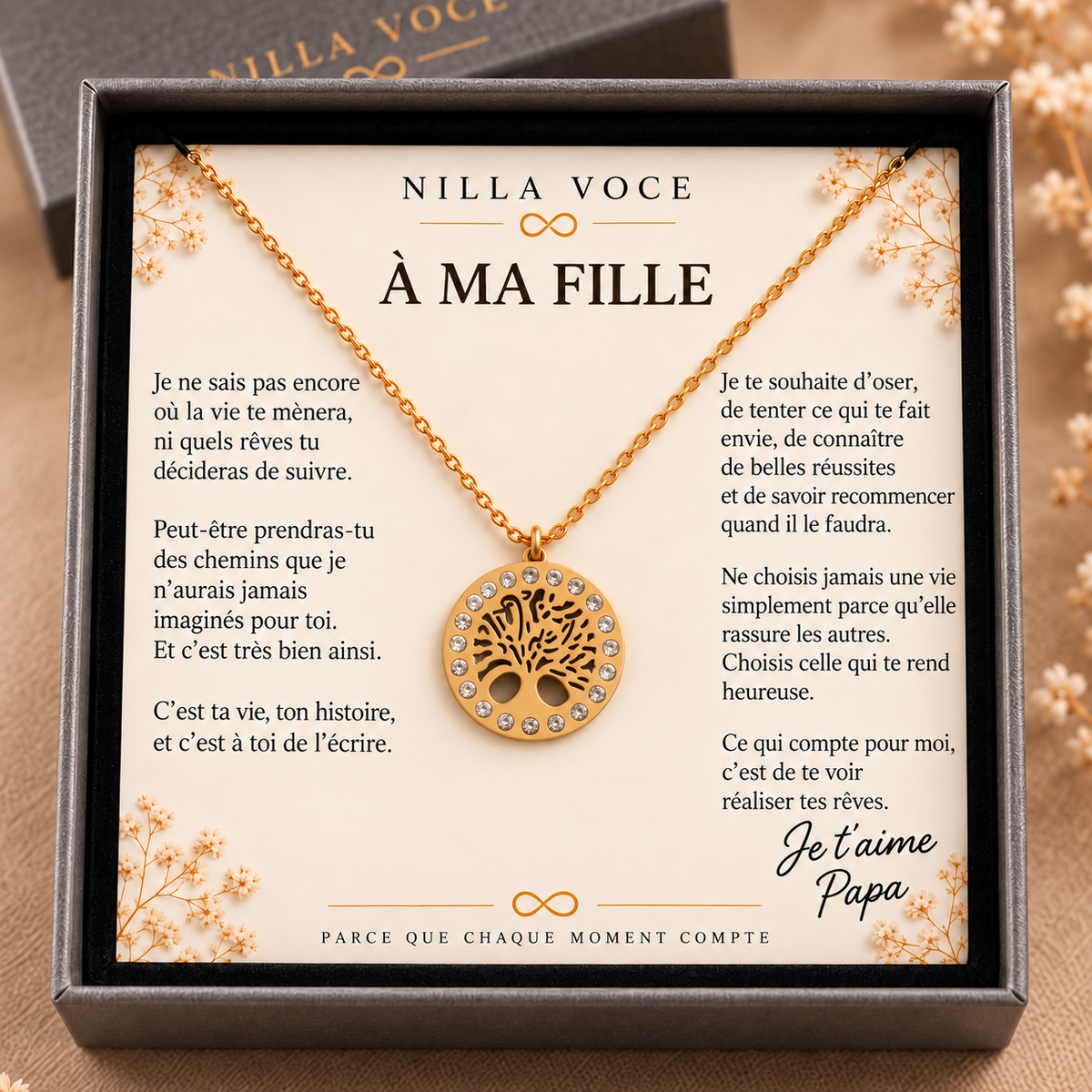Collier Arbre de vie Nilla Voce présenté avec un message À ma fille