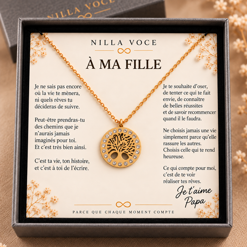 Collier Arbre de vie Nilla Voce présenté avec un message À ma fille