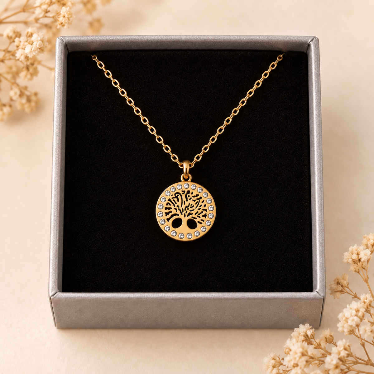 Collier Arbre de vie Nilla Voce à l’échelle homogène dans son écrin