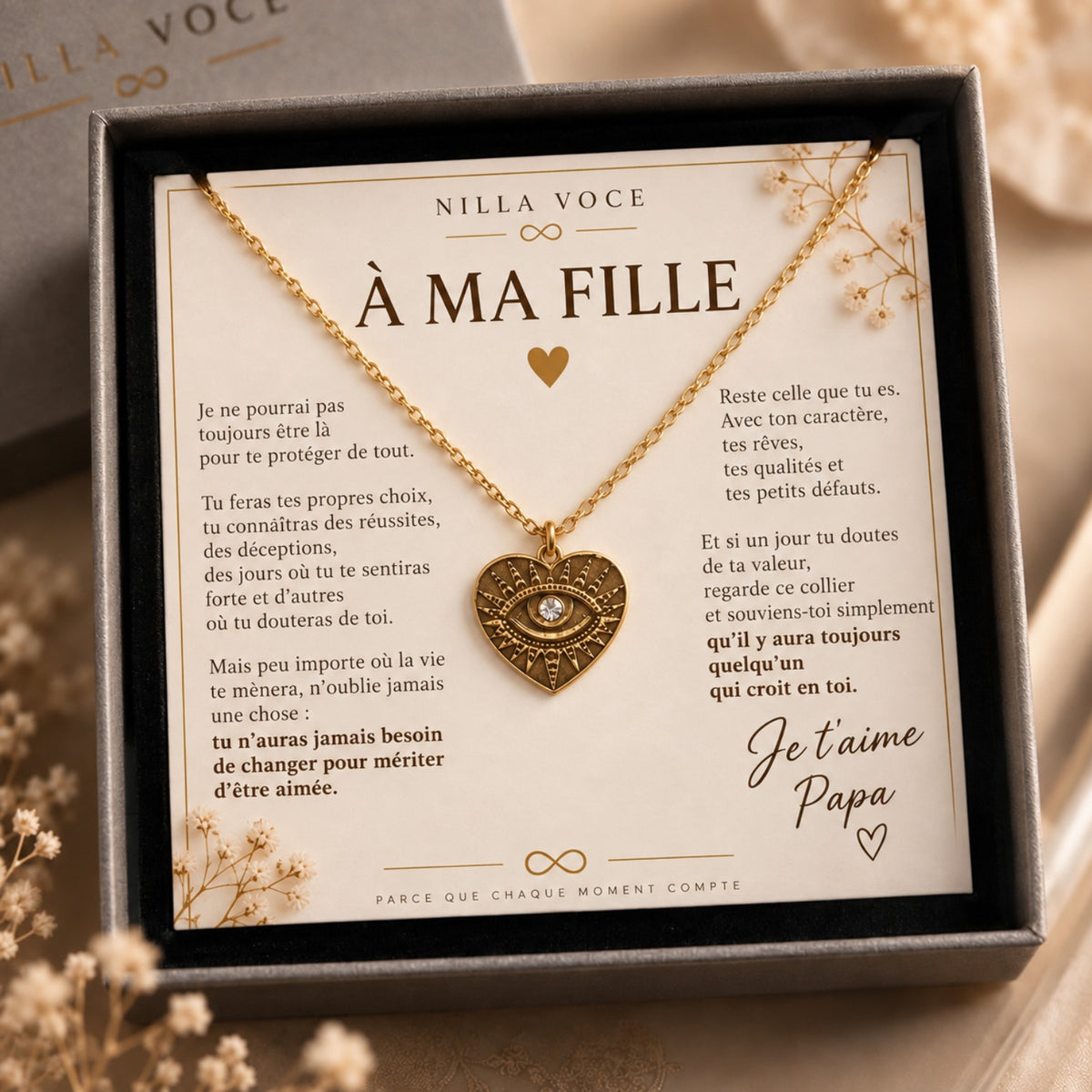 Collier Cœur Nilla Voce présenté avec un message À ma fille