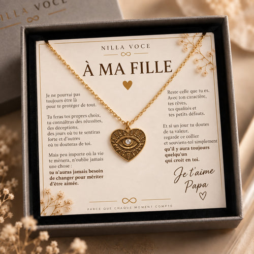 Collier Cœur Nilla Voce présenté avec un message À ma fille
