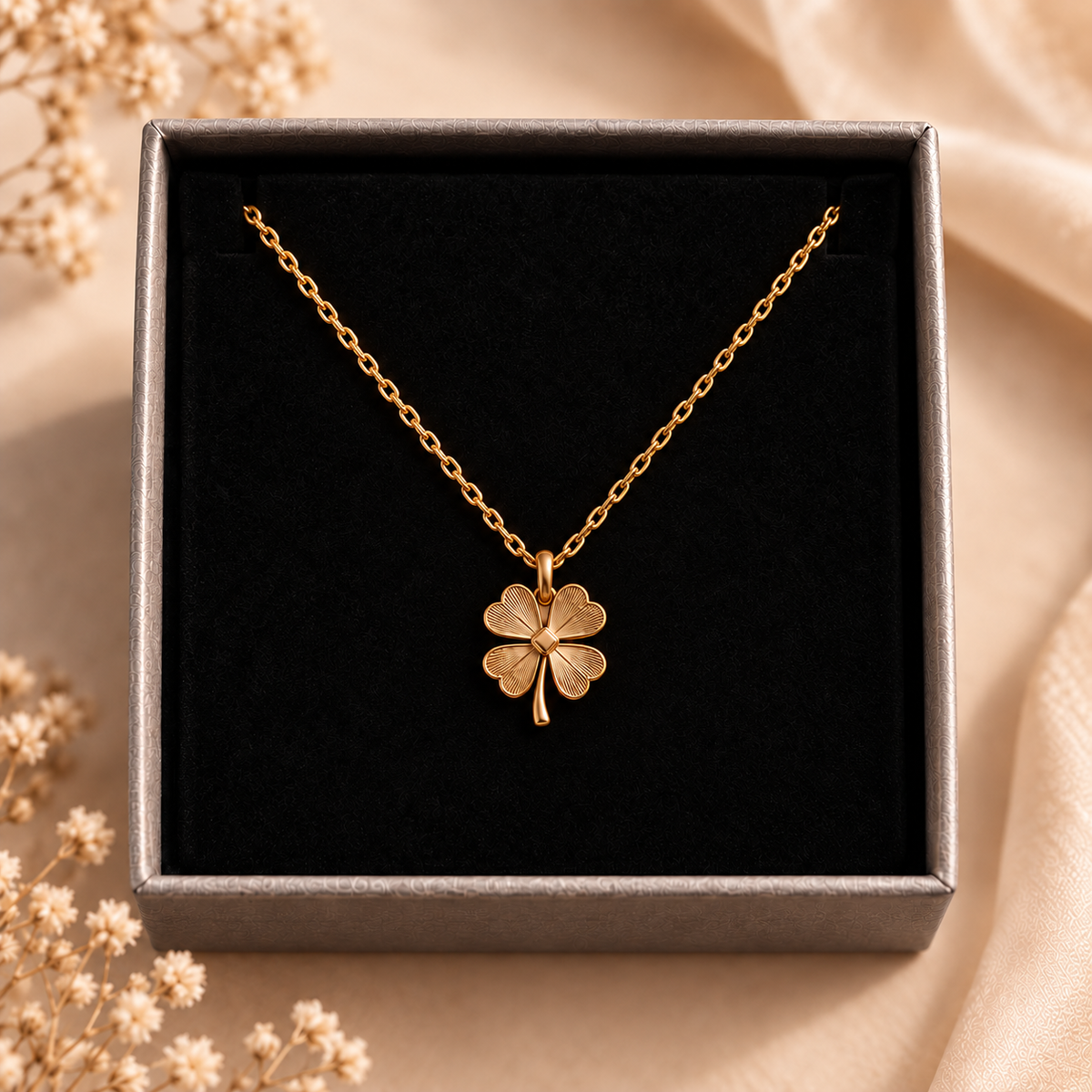 Collier Trèfle Nilla Voce à l’échelle homogène dans son écrin