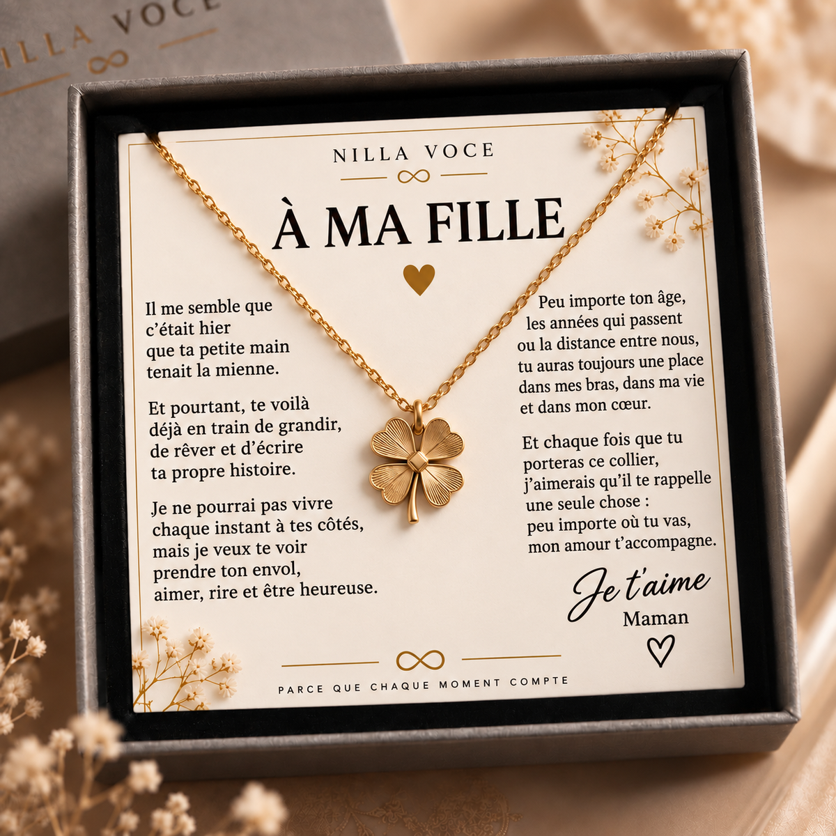 Collier Trèfle Nilla Voce présenté avec un message À ma fille